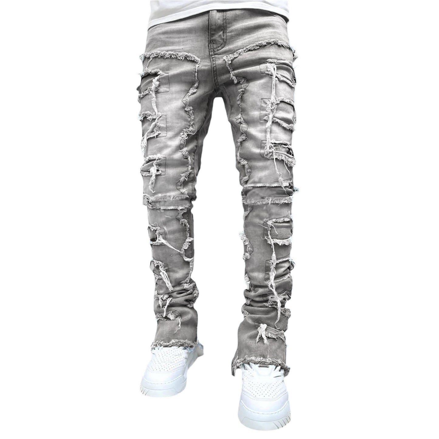 Ins Fringes Ripped Trousers Individual Patched Pants Long Tight Fit Stacked Jeans For Mens Clothing