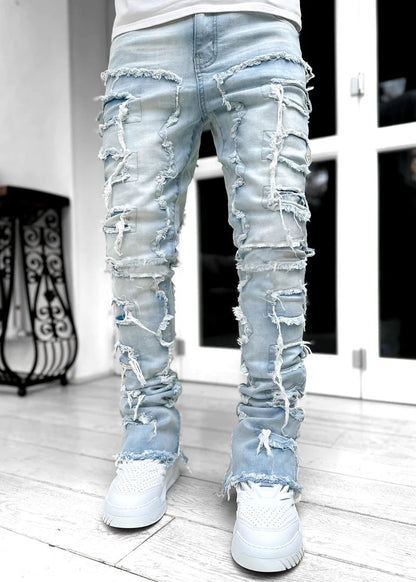 Ins Fringes Ripped Trousers Individual Patched Pants Long Tight Fit Stacked Jeans For Mens Clothing